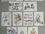 several sketches of people and animals are displayed on a wall