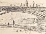 sketches of a drawing of a bridge with people walking on it