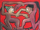 painting of two men fighting with each other on a red background