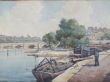 a painting of a man standing next to a boat on the water