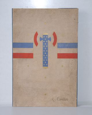 an old book with a red, white and blue design on it