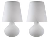 pair of white table lamps with white shades on a white background