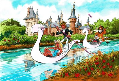 une illustration représentant un bateau en forme de cygne avec des personnes à bord