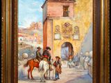 an image of a painting of people riding horses in front of a building