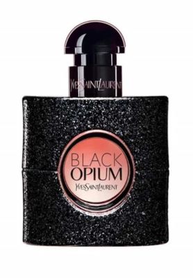 black opium perfume bottle with black glitter on white background