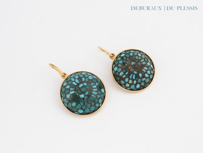 a pair of turquoise and gold earrings on a white background