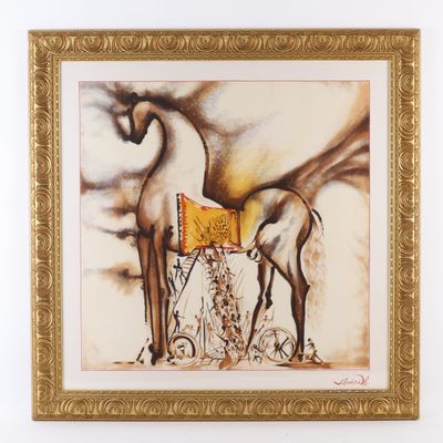 tableau représentant un cheval avec une selle et un cavalier, dans un cadre doré