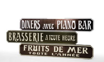 three street signs on a white background that read diners are piano bar, brasserie, and fruit de mer