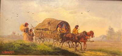 peinture représentant un chariot tiré par des chevaux avec des personnes à bord dans un champ
