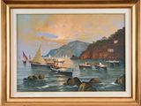 une peinture à l'huile représentant des bateaux sur l'eau, près d'un rivage rocheux