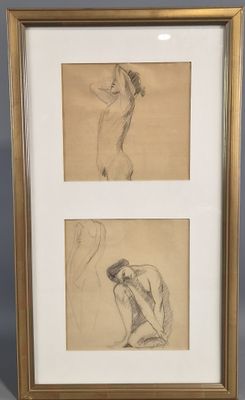 two framed drawings of a woman and a man sitting on the ground