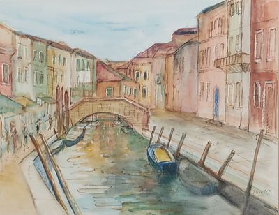 une aquarelle représentant un canal avec un pont en arrière-plan
