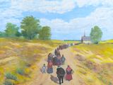 un tableau représentant un groupe de personnes marchant sur un chemin de terre