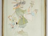 painting of a man in a green coat and hat holding a doll