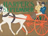 a sign that says harper ' s september with a horse pulling a carriage
