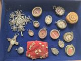 a blue tray filled with assorted items on a table