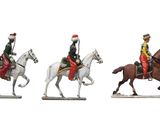 three figurines of men riding horses with hats on their heads