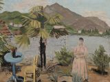un tableau représentant une femme en robe rose au bord de l'eau