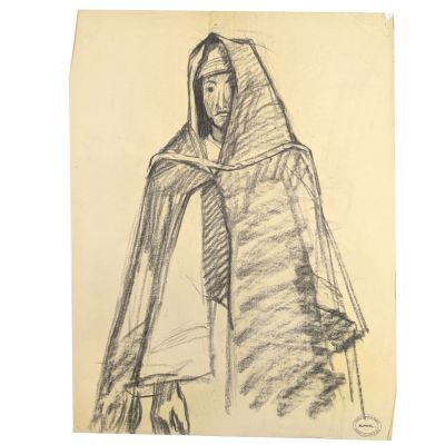 dessin au crayon représentant une femme vêtue d'un sweat à capuche et tenant une canne