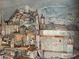 a painting of a city with a mountain in the background