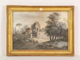 an image of a painting of a river scene with a castle in the background