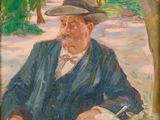tableau représentant un homme assis à une table, une tasse de café à la main