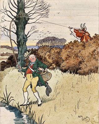 Tableau représentant un homme vêtu d'un manteau vert et d'un pantalon jaune en train de faire voler un cerf-volant au-dessus d'une rivière