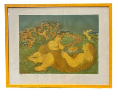 painting of a couple laying on the grass with other people in the background