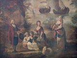 painting of a group of people in a wooded setting with a boat in the background