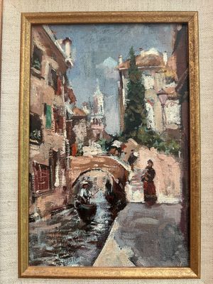 une peinture à l'huile représentant un bateau sur un canal dans une ville