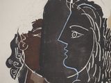 an image of a painting of a woman ' s face with a hat on her head
