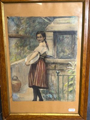 tableau représentant une femme appuyée contre la balustrade d'un balcon, tenant un panier de fleurs