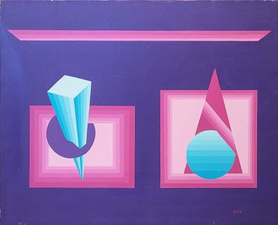 purple and blue painting with geometric shapes and a geometric object