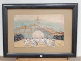 a picture of a painting of horses and jockeys on display
