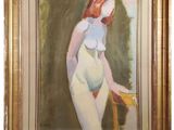 an oil painting of a woman in a white dress standing in front of a window