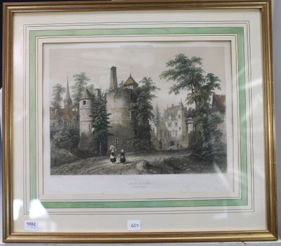 tableau encadré représentant un château devant lequel est assise une femme