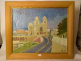 an image of a painting of a city street with a church in the background