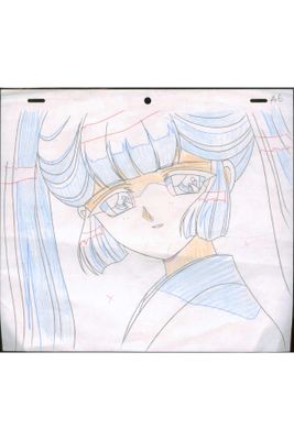 dessin représentant une jeune fille aux cheveux bleus et portant des lunettes, devant un fond blanc