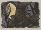 une image représentant un dessin d'un arbre avec une pleine lune en arrière-plan