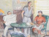 a painting of a man and woman sitting at a table