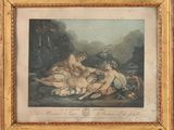 un vieux tableau représentant deux femmes et un enfant dans un décor boisé