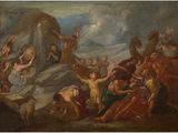 an image of a painting of a group of people in a rocky landscape