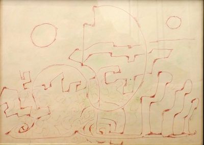 painting of a drawing of a train on a piece of paper
