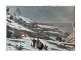 an image of a painting of a man riding a horse in the snow