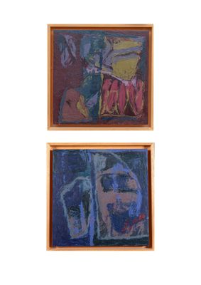 two paintings of a woman and a man are hanging on a wall