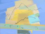 peinture abstraite représentant un ciel bleu et des montagnes jaunes et vertes