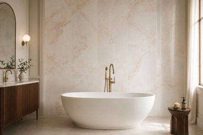 une baignoire blanche installée dans une salle de bains, près d'une fenêtre