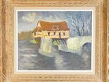 une peinture représentant une maison sur un pont au-dessus d'une rivière