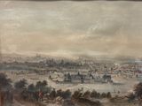 un vieux tableau représentant une vue de ville avec une rivière au premier plan