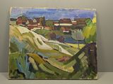 une peinture à l'huile représentant un paysage avec des maisons au loin
